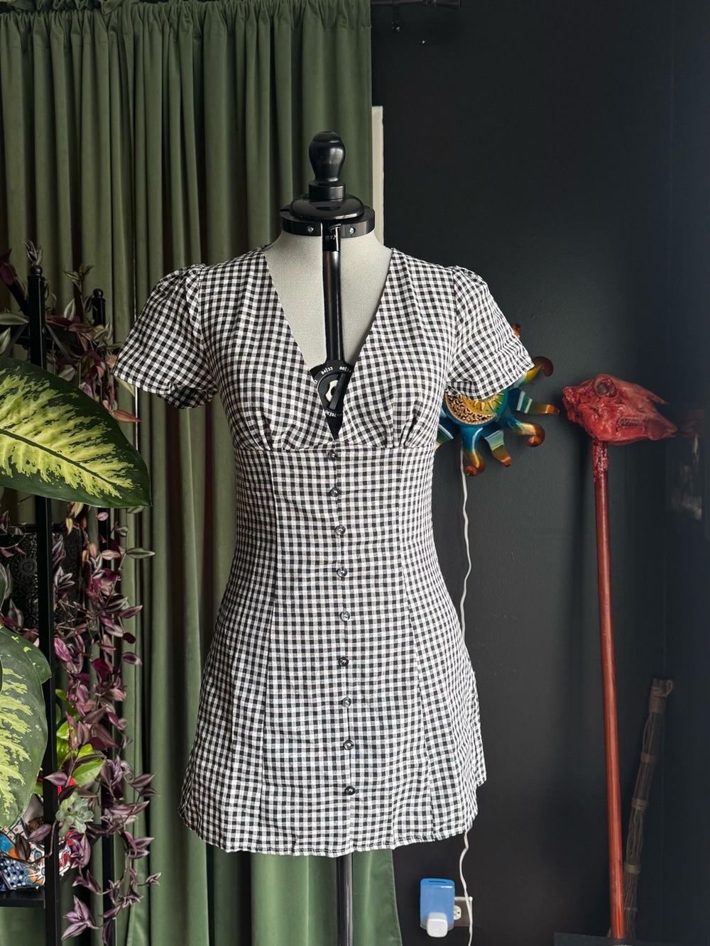 Black & White Gingham Button-Front Mini Dress
